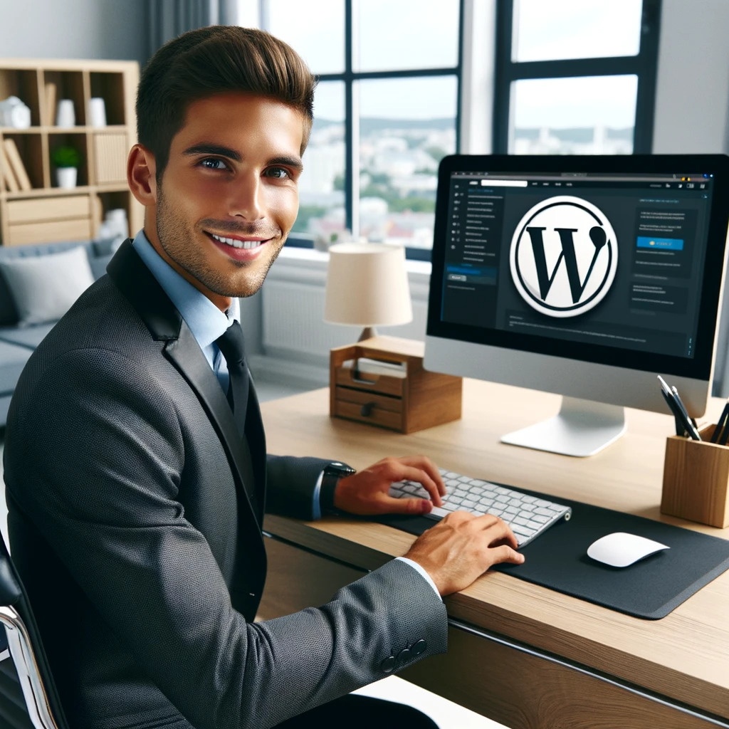 A smiling English male, in a stylish suit, is sitting in a well-organized home office. He has short brown hair and is working on a sleek, modern compu