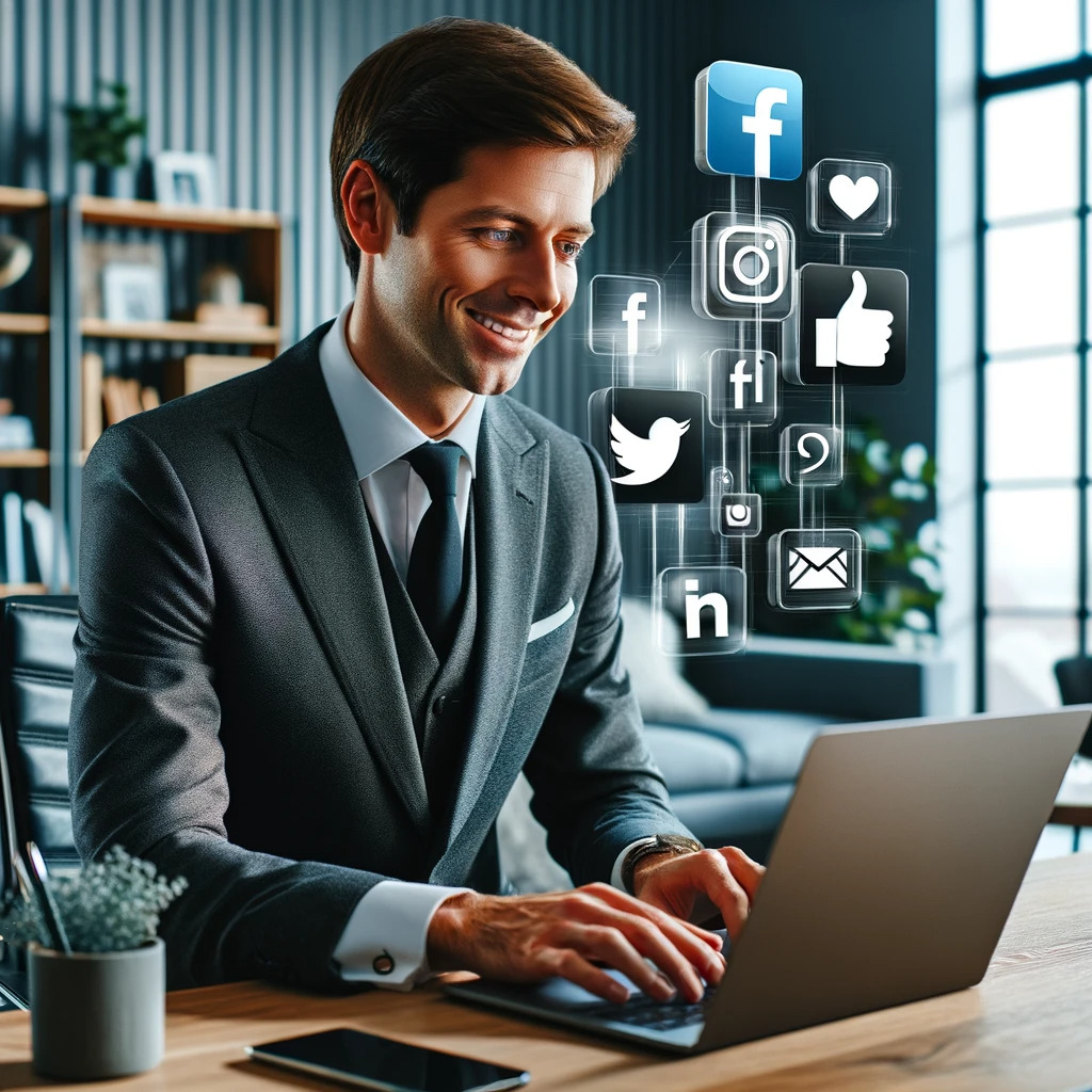 Male social media content writer, smiling, wearing a well-tailored suit, sitting in a modern, well-organized home office. He is working on