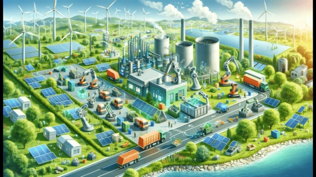 The image displays a futuristic and eco-friendly waste management scene, integrating elements like robotic arms, a biogas plant, solar panels, and wind turbines, set against a green cityscape. These images aim to convey progress, sustainability, and modern innovation in waste management.
