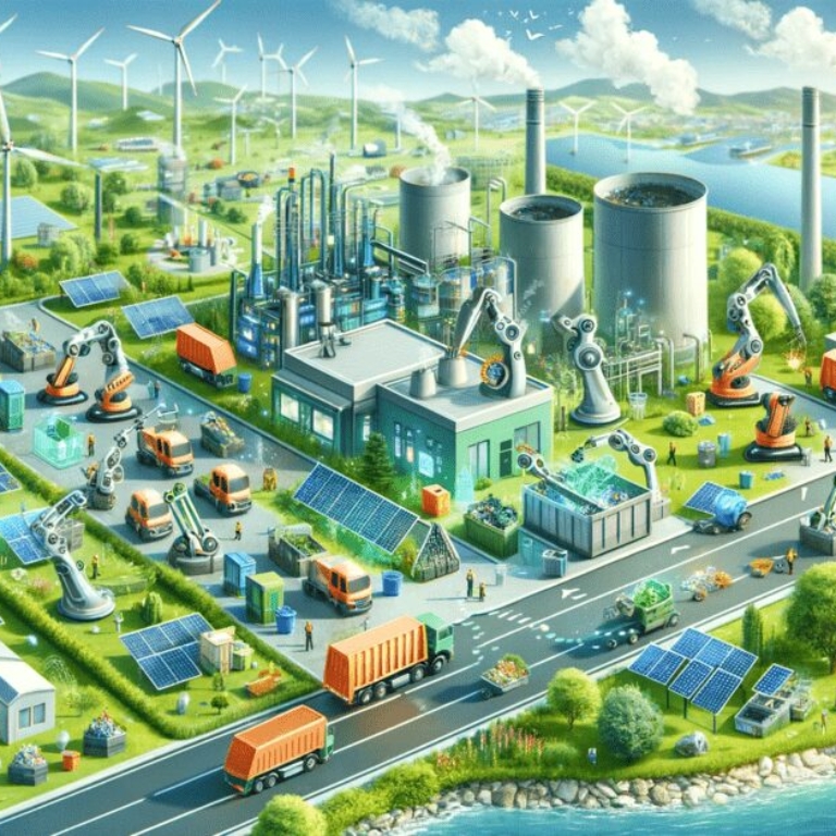 The image displays a futuristic and eco-friendly waste management scene, integrating elements like robotic arms, a biogas plant, solar panels, and wind turbines, set against a green cityscape. These images aim to convey progress, sustainability, and modern innovation in waste management.