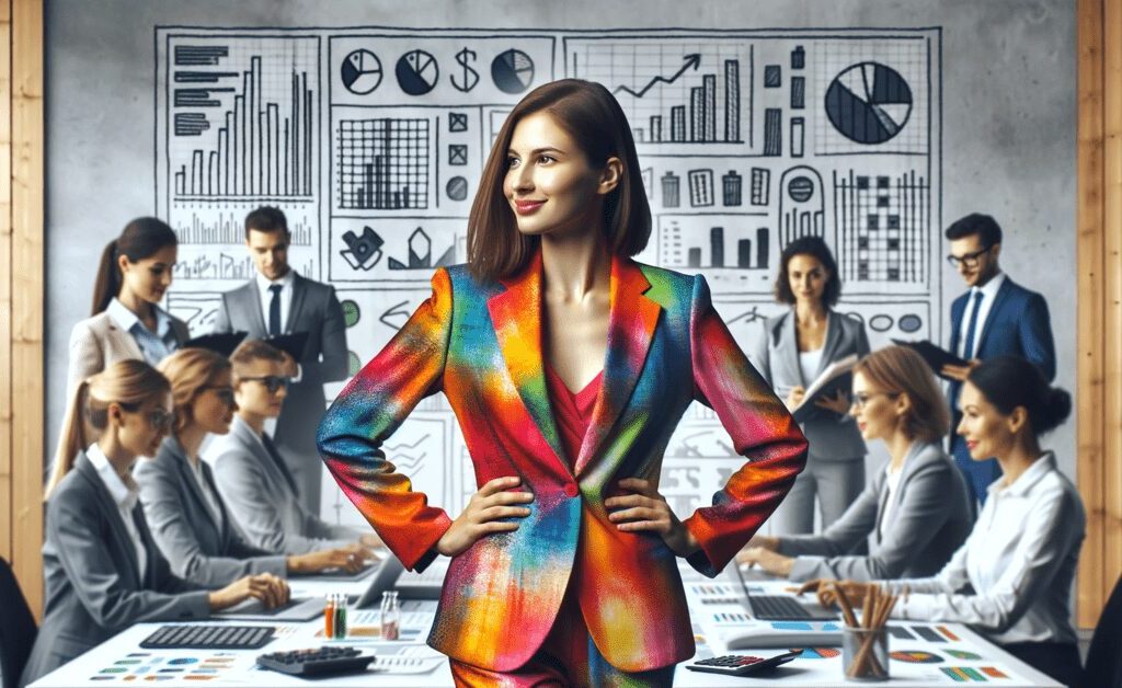 An inspirational office scene depicting a female accountant standing out with her distinctive, colorful attire among colleagues in standard grey and black suits. The setting is a contemporary office, filled with accounting essentials such as calculators and charts. This image symbolizes the empowerment and uniqueness of embracing individual qualities in a conventional professional environment.