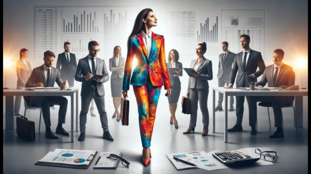 A professional and empowering scene in a modern office setting, featuring a female accountant wearing a vibrant, colorful suit standing confidently among a group of accountants. The accountants around her are dressed in traditional monochrome suits, subtly blending into the background. The office is decorated with accounting-related items like calculators and financial charts, highlighting the theme of uniqueness in the accounting profession.