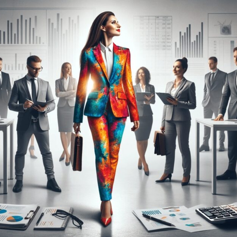 A professional and empowering scene in a modern office setting, featuring a female accountant wearing a vibrant, colorful suit standing confidently among a group of accountants. The accountants around her are dressed in traditional monochrome suits, subtly blending into the background. The office is decorated with accounting-related items like calculators and financial charts, highlighting the theme of uniqueness in the accounting profession.