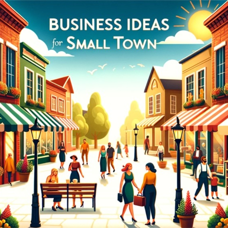 Business Ideas for Small Towns: Tips for Aspiring Entrepreneurs. Vibrant small town scene with a variety of local businesses including a café, bookstore, and florist. Diverse people are seen shopping, walking, and enjoying coffee in a sunny town square surrounded by blooming trees and flowers, evoking a sense of community and entrepreneurial opportunity.