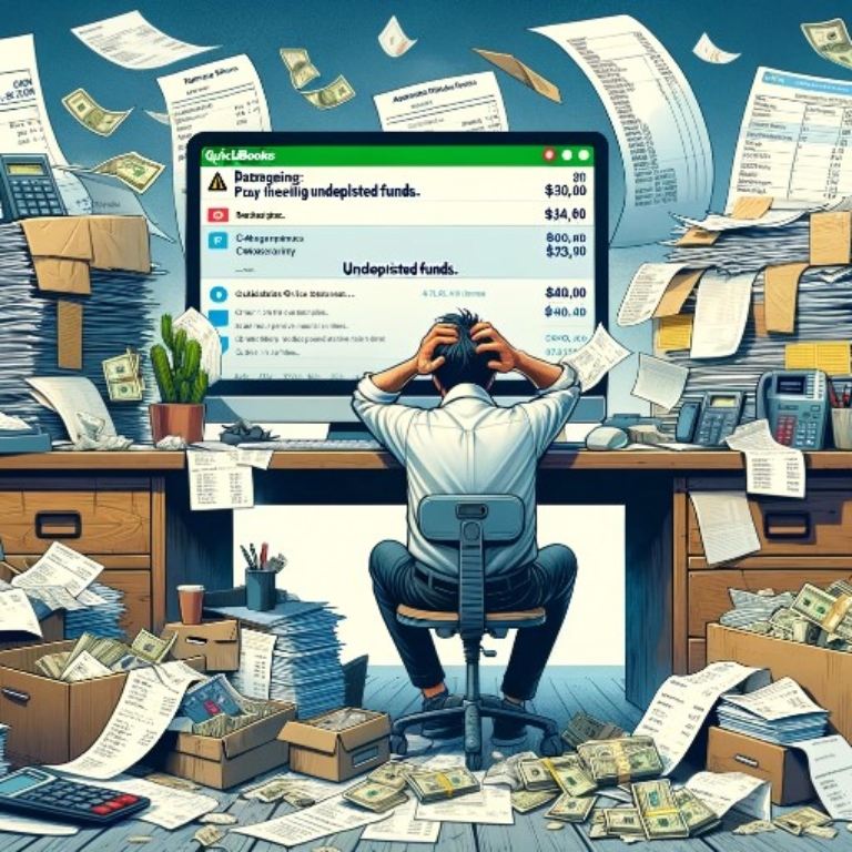 Undeposited Funds in QuickBooks Online. Cluttered desk with invoices, receipts, and a computer screen displaying QuickBooks Online showing a warning about undeposited funds. There are stacks of papers, an overflowing cash drawer, and a frustrated business owner with their head in their hands, illustrating disorganization and financial stress.