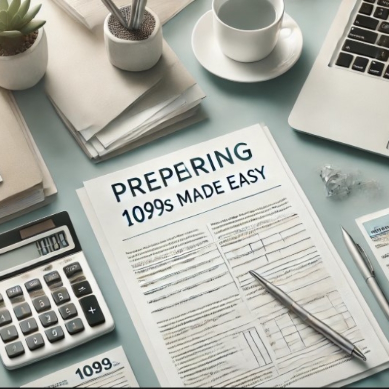 Feature image for a blog post about preparing 1099s, showing a desk with tax forms, a calculator, a pen, and a laptop in a modern, organized workspace.